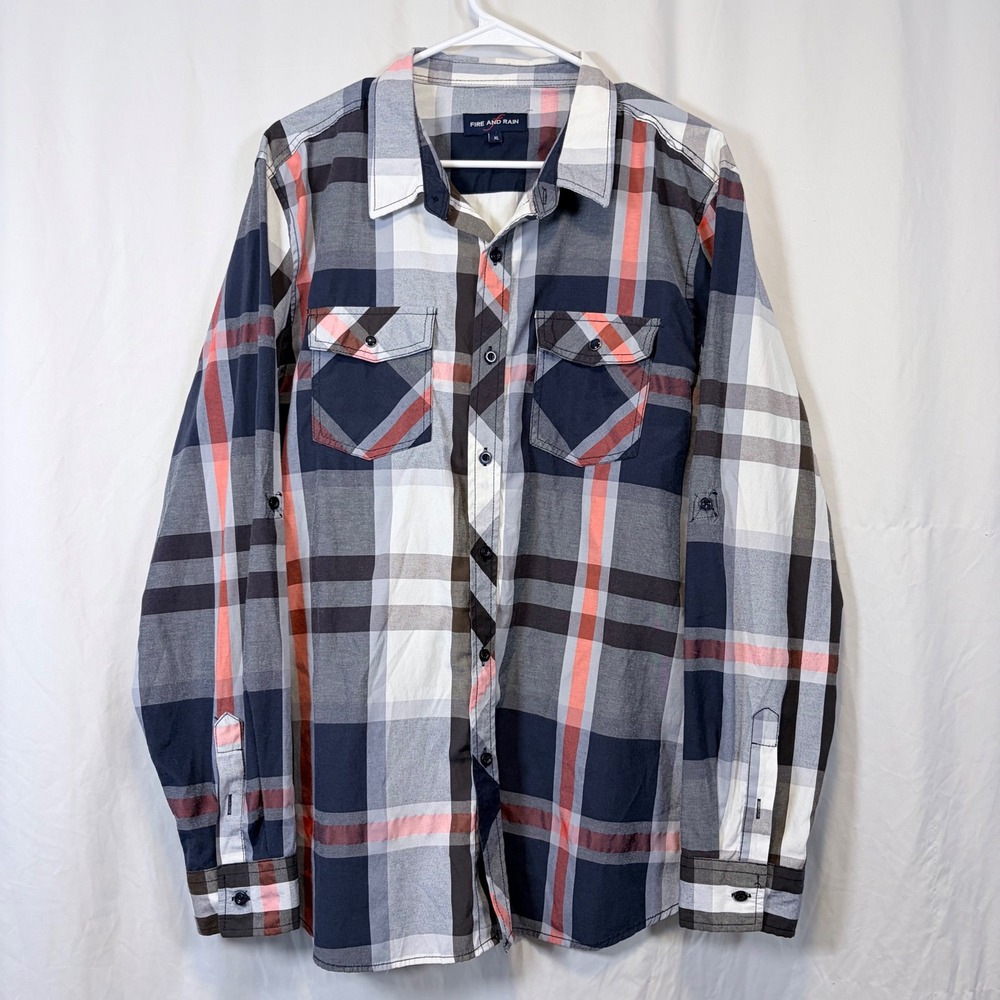 Fire and Rain Shirt Button Down Plaid Multicolor Pockets Mens XL